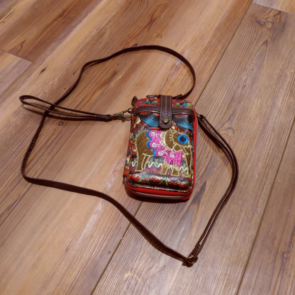 Sakroots Multicolor Embroidered Elephant Crossbody Wallet with Brown Strap